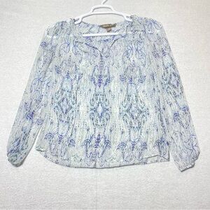 Charlie Jade Sheer Blouse Womens S Blue Geometric Boho V Neck Long Sleeve Top
